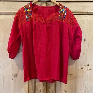 Handmade Red Embroidered Mexican Boho Hippie Shirt Size Large